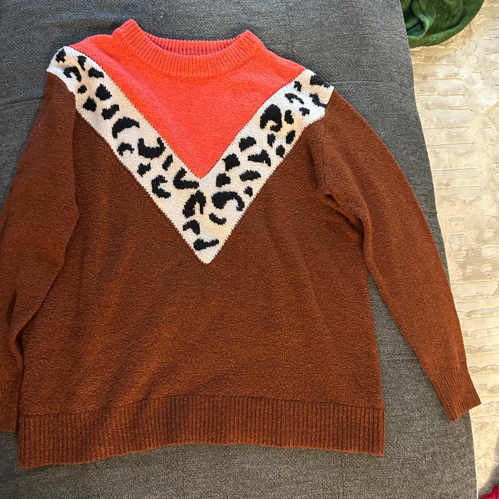 Staccato Brown and Red Sweater with Leopard Print